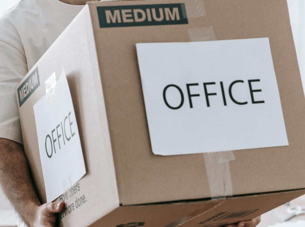 close up of box marked office for office moves